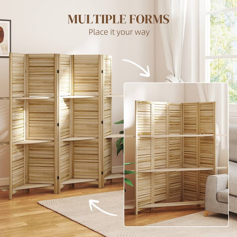HOMCOM 5 Panel 67" Tall Wood Room Divider, Privacy Screen with 3 Display Shelves, and Folding Storage for Bedroom or Home Office