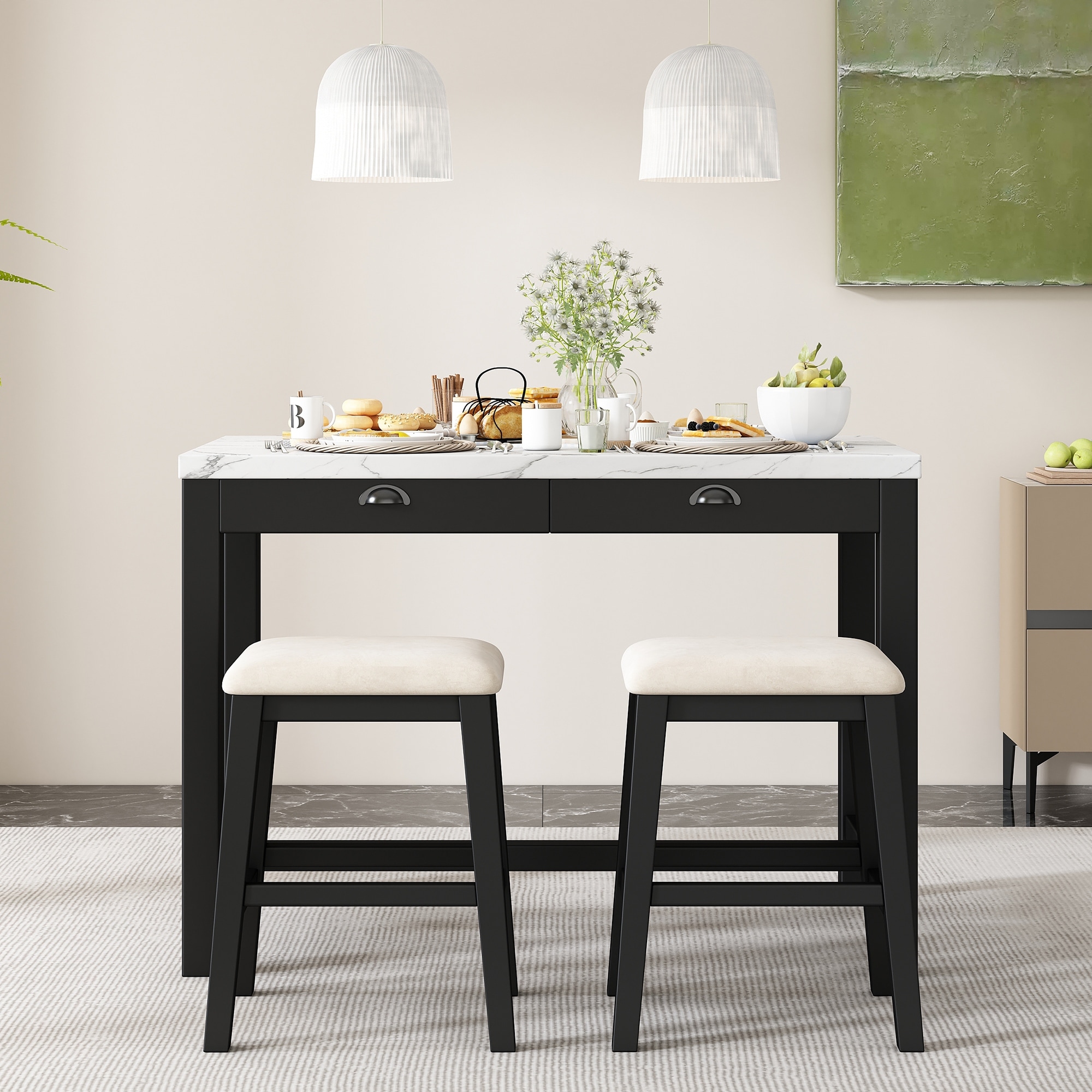 3 Piece Faux Marble Bar Table Set with 2 Padded Stools for 2 4 People Bed Bath Beyond 41652907
