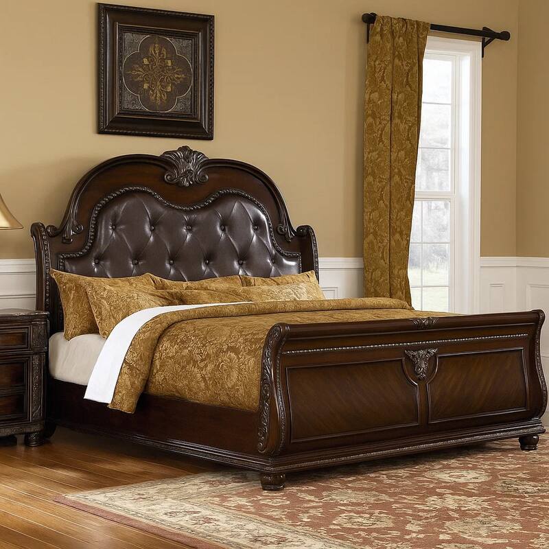 Kera Queen Bed, Brown Cherry Faux Leather Padded Upholstery