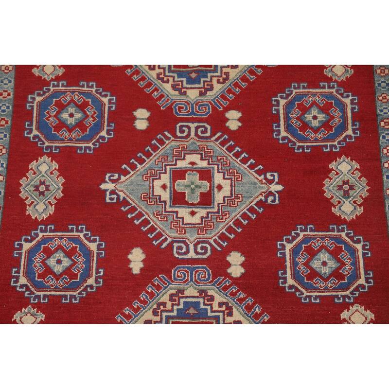 Red Geometric Kazak Area Rug Hand-Knotted Oriental Wool Carpet - 5'5" x 6'5"