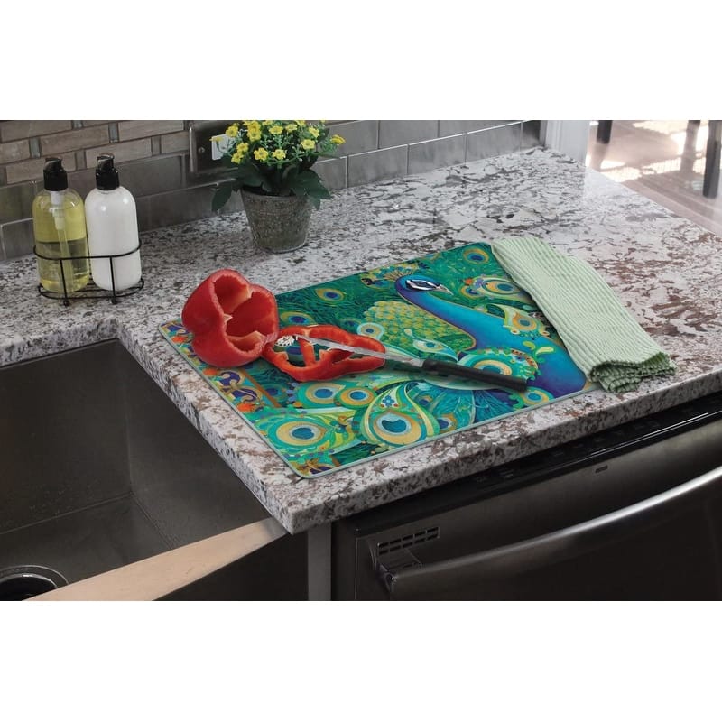 CounterArt Paisley Peacock 3mm Heat Tolerant Tempered Glass Cutting Board 15" x 12" Made in the USA Dishwasher Safe