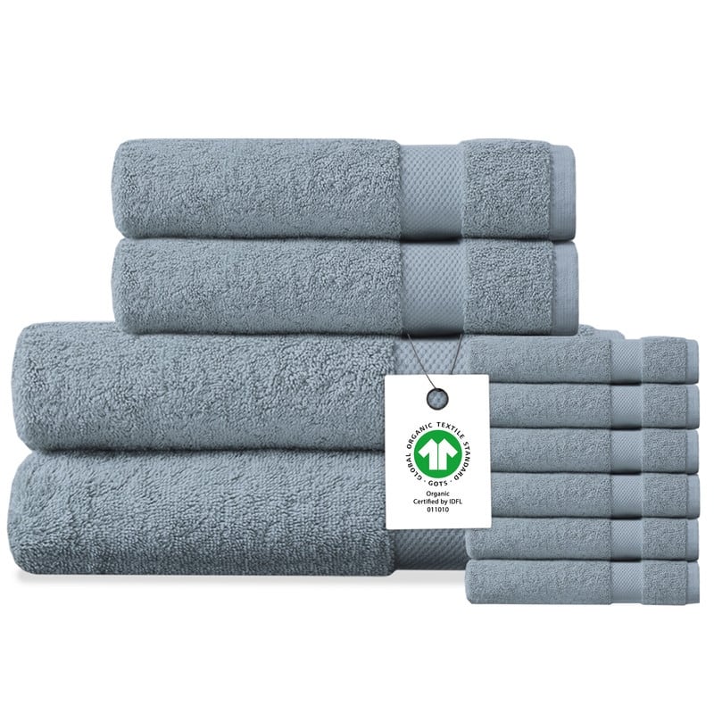 Delara Organic Cotton Luxuriously Plush Bath Towel 10 Piece Set | GOTS & OEKO-TEX Certified | 650 GSM Long Staple - Light Blue