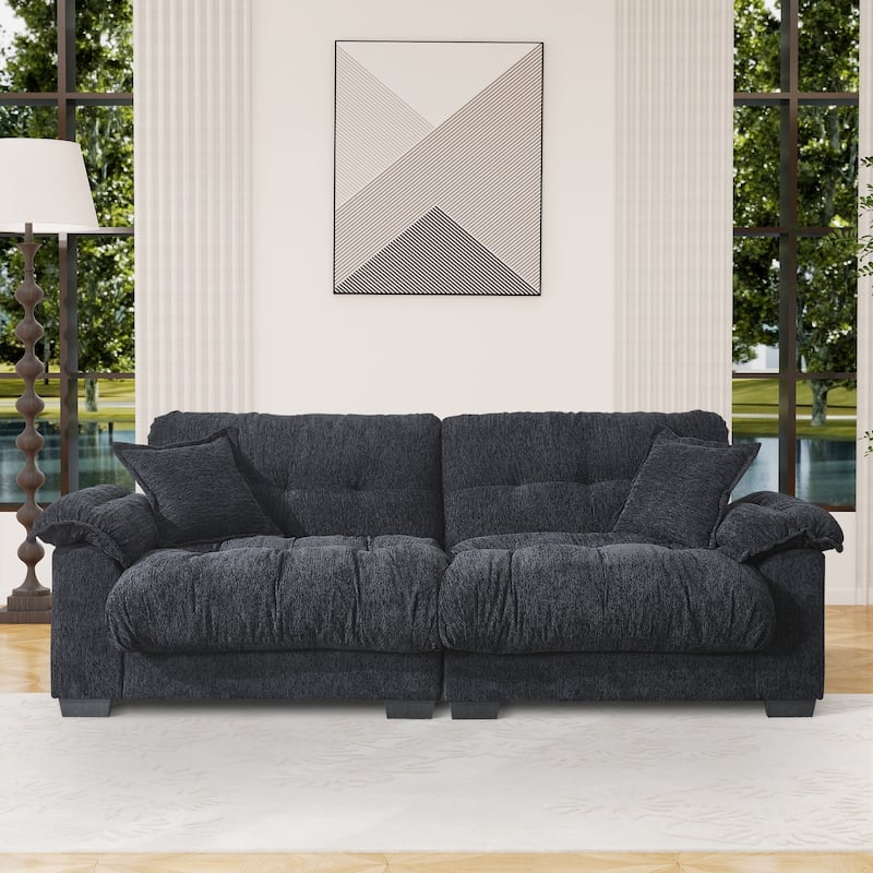 91" Modern Chenille Sofa Tufted Upholstered Couch with Two Throw Pillows for Living Room, Office, Living Room - Black