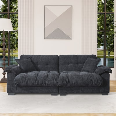 91" Modern Chenille Sofa Tufted Upholstered Couch with Two Throw Pillows for Living Room, Office, Living Room