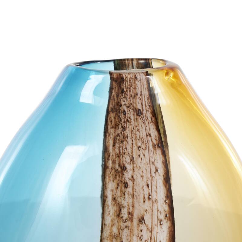 Glass Rounded Ombre Decorative Vase with Brown Textured Stripe Details - Multi Colored - Roche River Decor