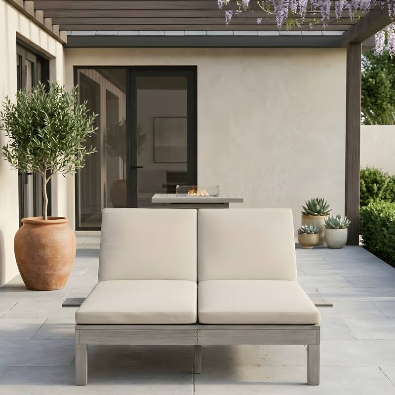 5-position adjustable backrest double recliner, outdoor lounger with cushion and foldable side tray, accommodates two people.