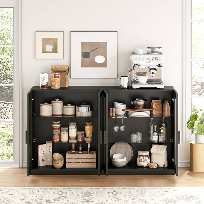 62"LX36"H Solid Wood Kitchen Pantry Sideboard Buffet Cabinet Storage with with Glass Doors