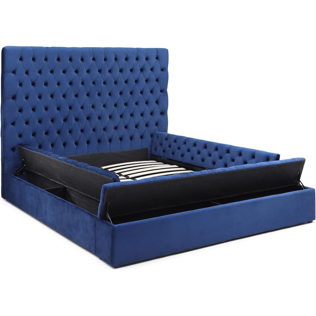 Blue Velvet Tufted Bed - Storage Platform Bed with Headboard - Wood Frame - 84"x96"