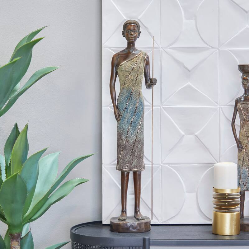 Brown Polystone Primitive African Mask and Standing African Woman Sculpture Wall Decor