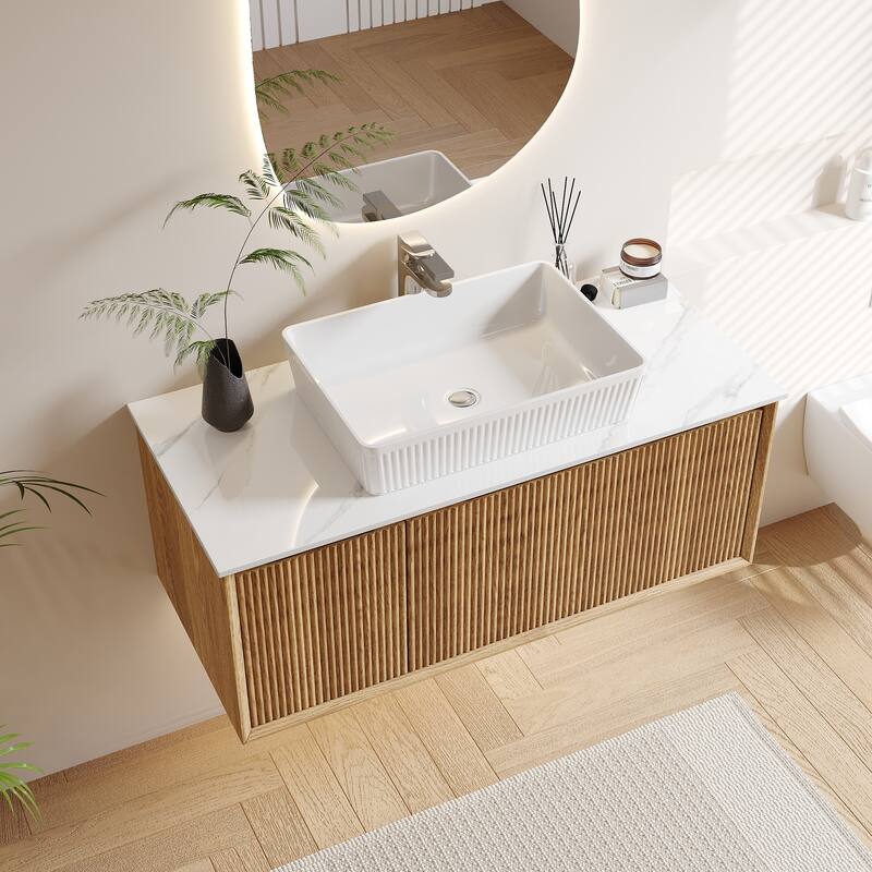 Modern 35.4" Single Bathroom Vanities,Floating Vanitiy with White Table top - Natural Wood