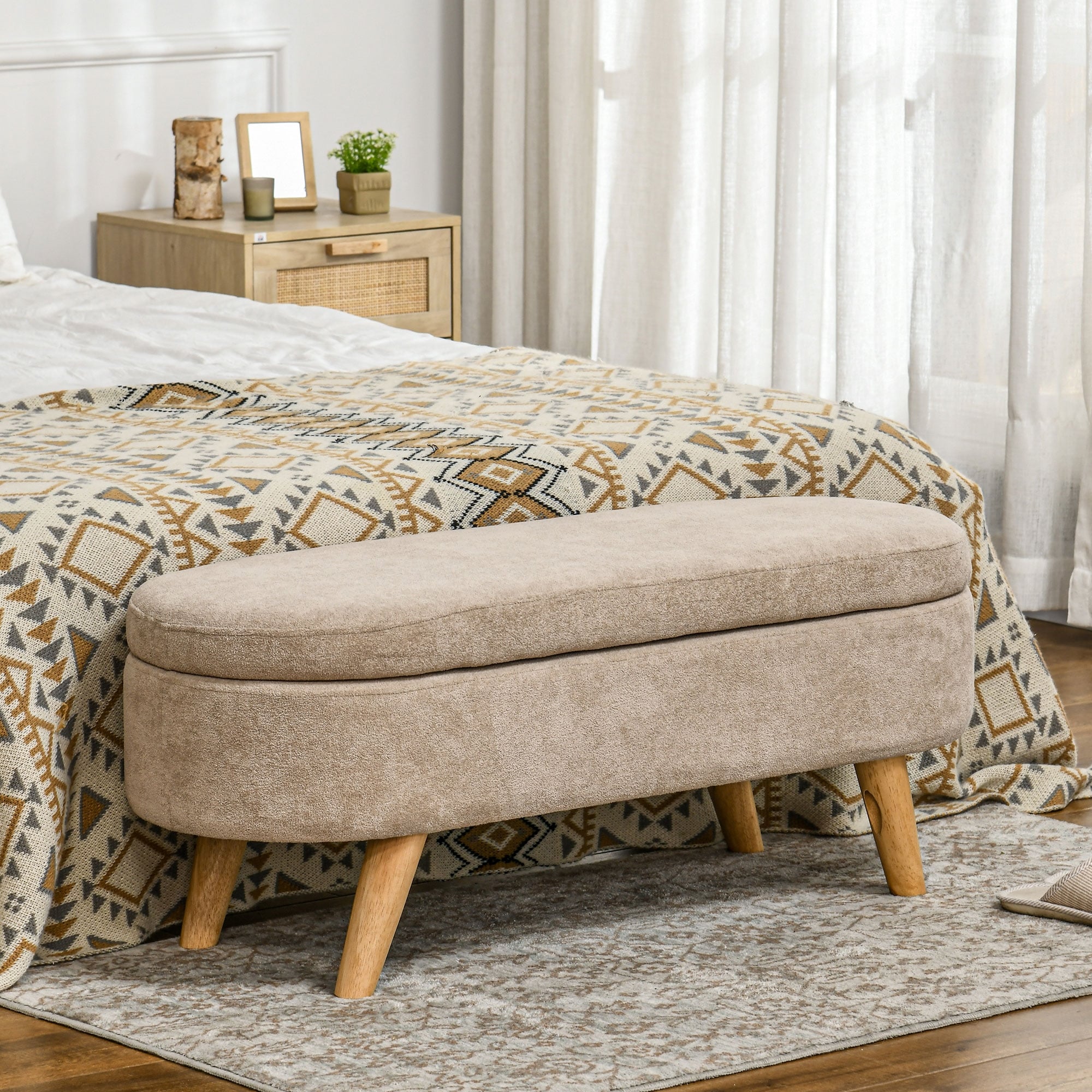Beige Storage Bench Accent Bench with Wood Legs End of Bed Bench Indoor Bench Ottoman with Padded Seat