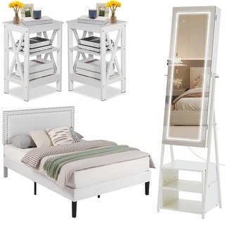 VECELO White 4 Piece Bedroom Set Upholstered Height-Adjustable Bed Nightstand Standing Jewelry Mirror Cabinet