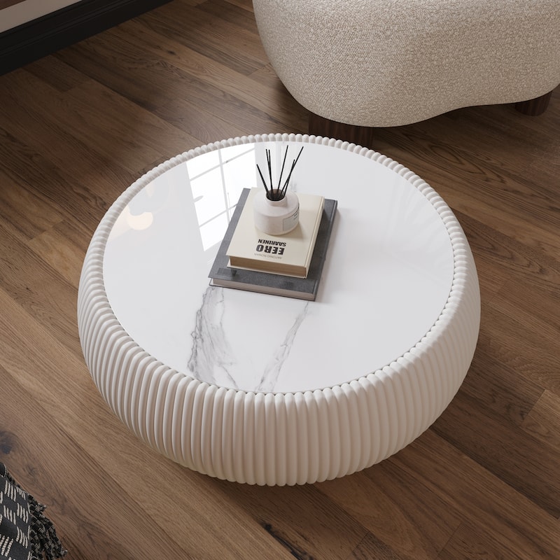 27.55" Round Coffee Table, Faux Marble Top Drum Shape Low Coffee Table, Modern Center Table with Leather Frame for Living Room