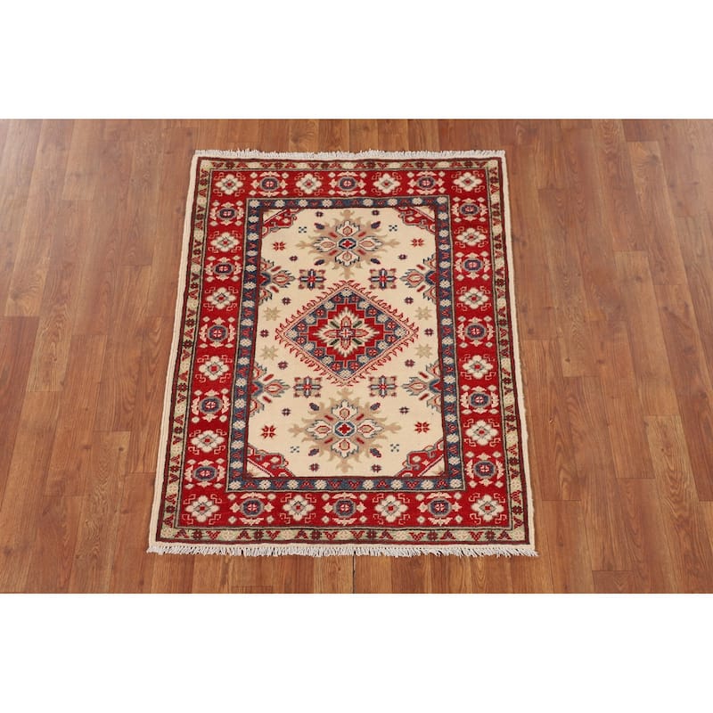 Kazak Accent Rug Hand-Knotted Oriental Beige Wool Carpet - 2'9" x 3'6"