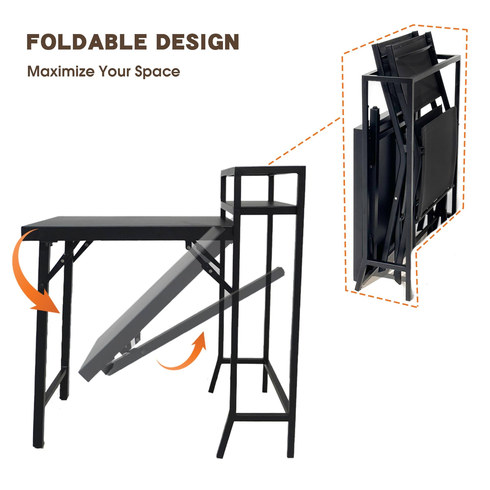 Outdoor 3Piece Steel Bistro Set with Foldable Table and Chairs Bed