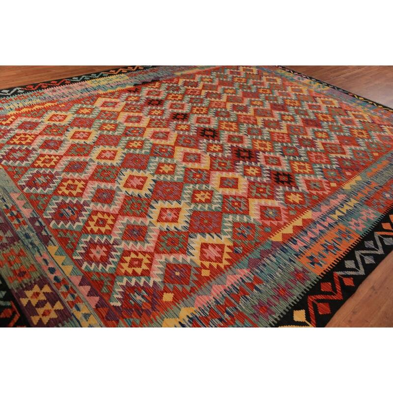 Trellis Kilim Oriental Area Rug Hand-Woven Reversible Wool Carpet - 9'11"x 12'8"