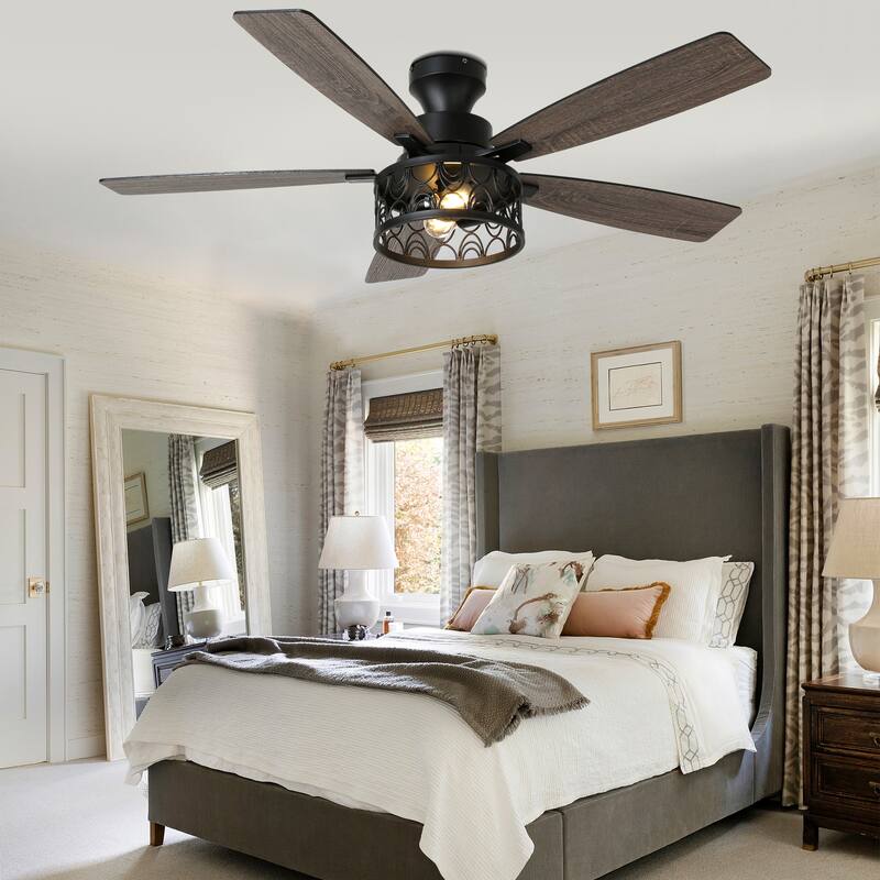 Cusp Barn 52-In Farmhouse Flush Mount Ceiling Fan with Lights and Remote Control, Black Caged Low Profile Chandelier Ceiling Fan
