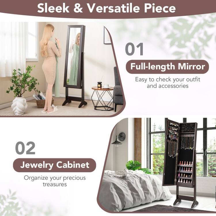 Mirrored Standing Jewelry Cabinet Storage Box - 13" x 14.5" x 56" (L x W x H)