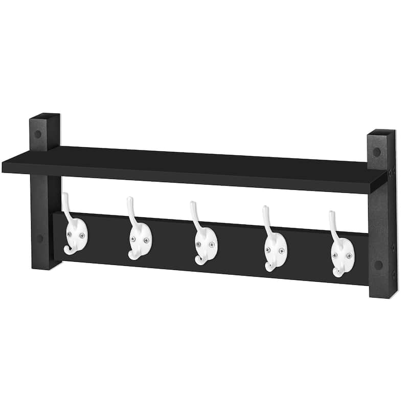 Sorbus Coat Hooks Wall Mount Floating Shelf with 5 Heavy Duty Hooks, Large and Extra Large - Extra Large - Black