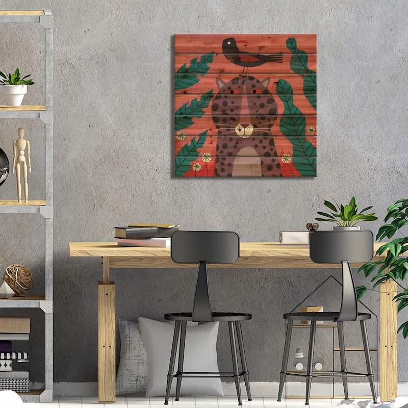 Leopard With Pesky Bird Print On Wood by Gareth Lucas - Multi-Color
