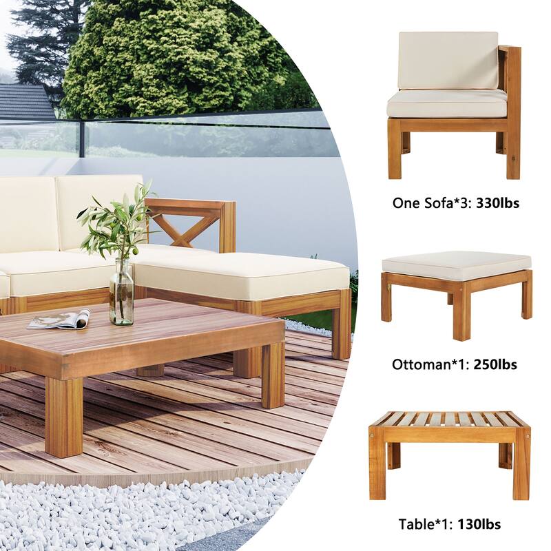 Beige Natural Acacia Wood Outdoor Sectional Sofa Set with Solid Table