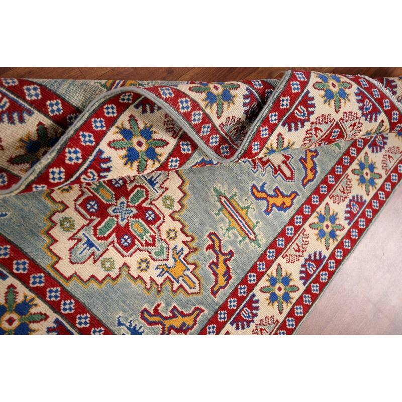 Geometric Kazak Foyer Rug Hand-Knotted Blue Wool Carpet - 3'4" x 4'9"