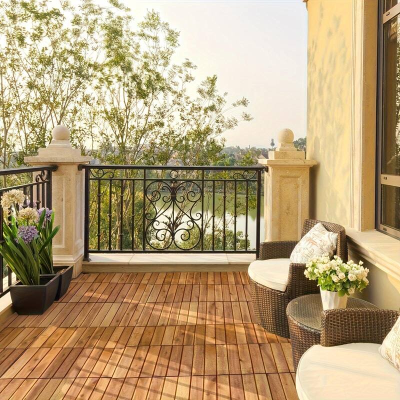 27pcs Interlocking Patio Deck Tiles 11.8 x 11.8in Wood Floor Tiles Outdoor Flooring for Patio Garden Deck Poolside