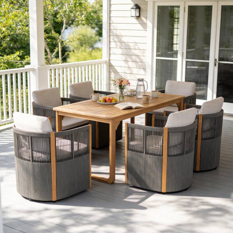 Christopher Knight Home - Ronan Outdoor Acacia Wood Dining Set with Swivel Rope Armchairs & Curved Leg Dining Table, Teak Finish