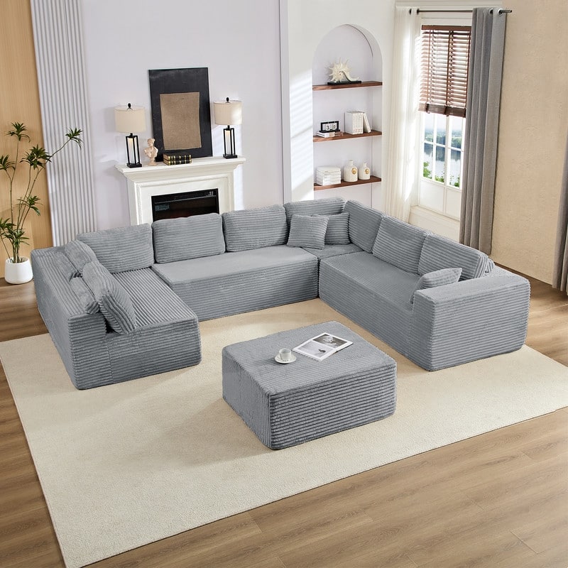 Corduroy 141'' Deep Seat Modular Sectional Sofa, Modern 8-Seater U-Shape Sofa Couch with Moveable Ottoman