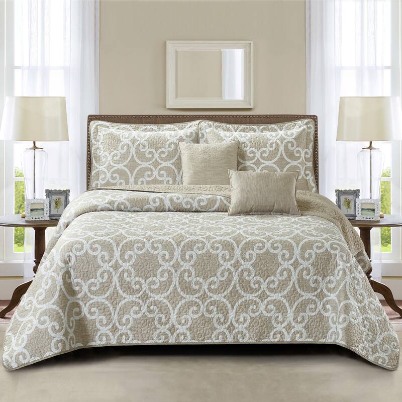 Home Soft Things 5 Piece Printed Microfiber Glena Gatework Quilts