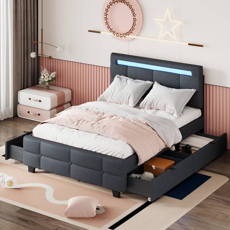 Linen Upholstered Platform Bed Frame with LED Light Headboard & 2 Drawers