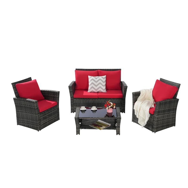 4-Piece Outdoor Patio Rattan Conversation Sofa Set with Tempered Glass Coffee Table
