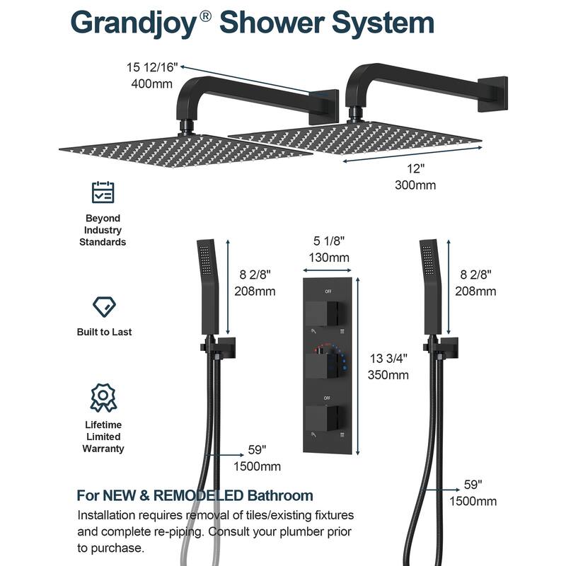 GRANDJOY 12 inch Wall Mounted Dual Shower Heads with Handheld Spray Combo Thermostatic High Pressure Shower System