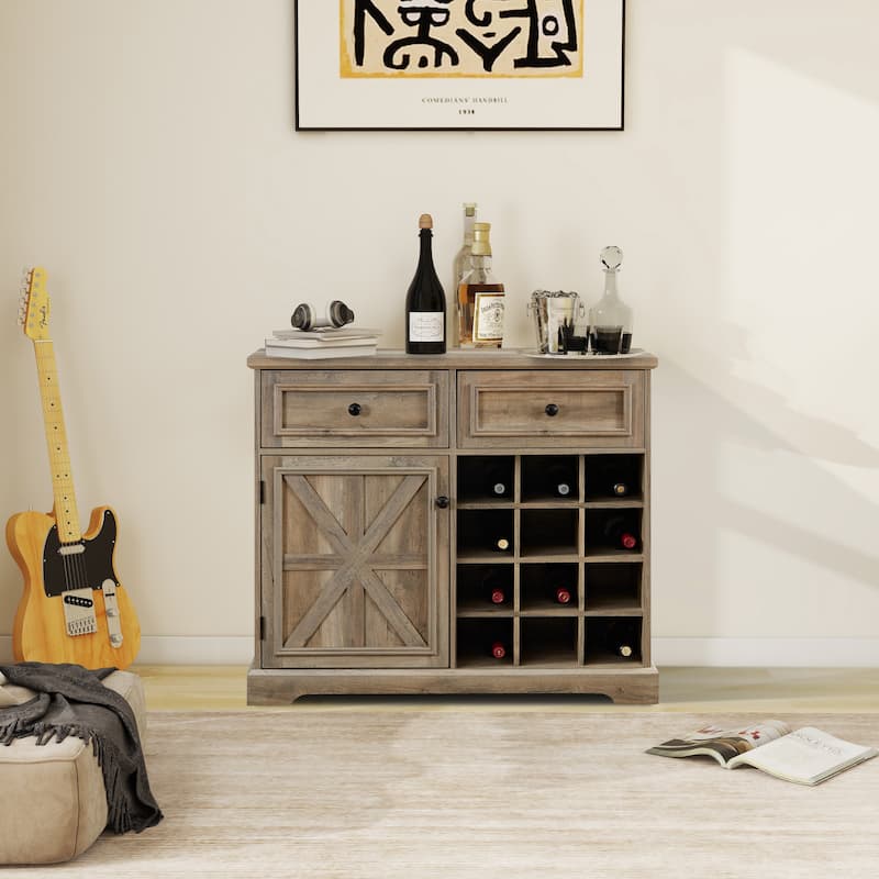 Barn Door Buffet Bar Cabinet With Drawers And Storage Shelves