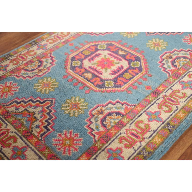 Light Blue Geometric Kazak Foyer Rug Traditional Handmade Wool Carpet - 2'0" x 3'0"
