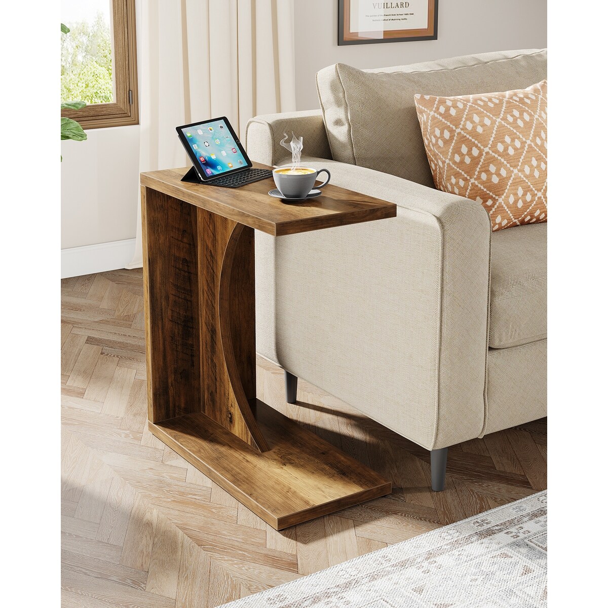 Wood 2-Tier C-Shaped ChairSide End Couch Table (Set of 2) - On