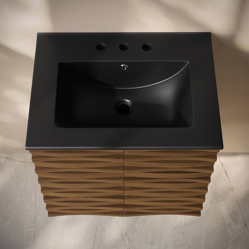 Cascade 24" Wall-Mounted Bathroom Vanity In Brown Oak With Black 3-Hole Widespread Sink Top - 24