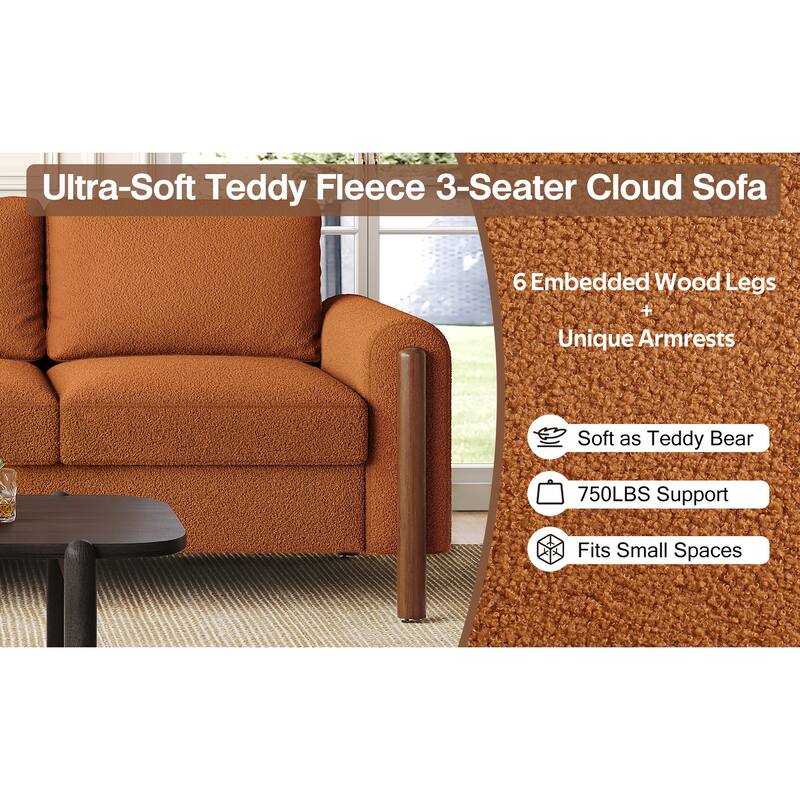Teddy Velvet Fabric 3 Seater Sofa, Upholstered Sofa with Curved Armrest, Lounge Sofa Chair with Solid Wood Legs