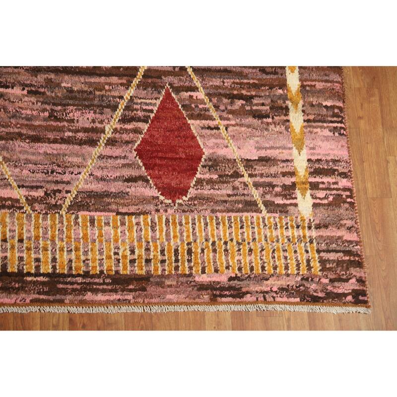 Geometric Moroccan Oriental Large Rug Hand-Knotted Pink Wool Carpet - 10'1" x 13'10"