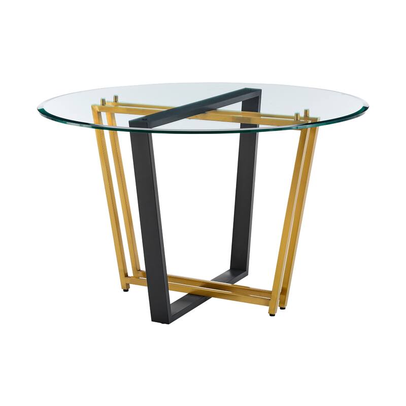 Sanaya Dining Table, 48 Inch Glass Top, Gold Steel, Black Iron - Gold, Black, Clear