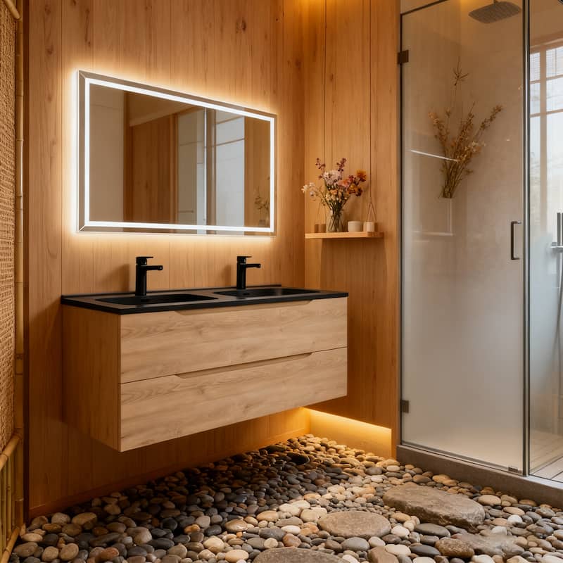 RupheonD 24"-48" Floating Bath Vanity in Evita Oak with Black Quartz Top