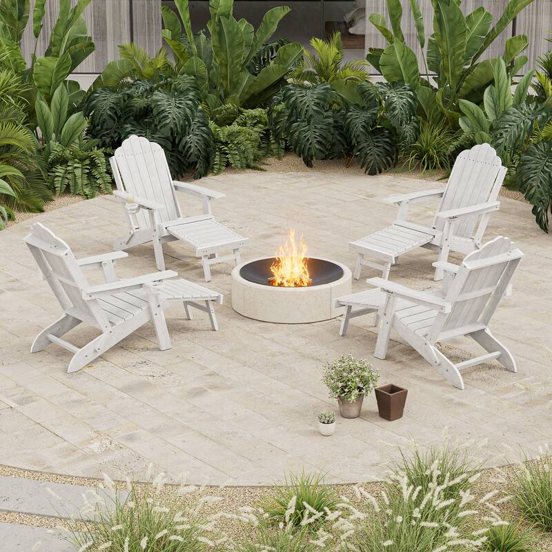 3-Position Adjustable Folding Adirondack Chair W/ Ottoman for Outdoor - 4-Piece - White