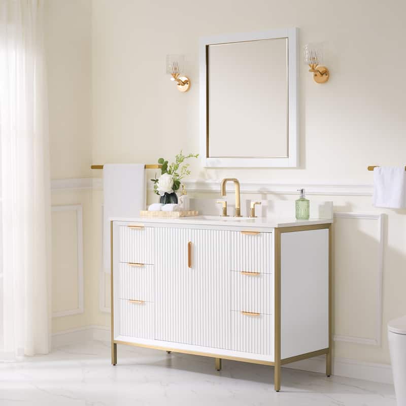 35''H Solid Wood Bathroom Vanity With Carrera White Quartz Top and Sink,White