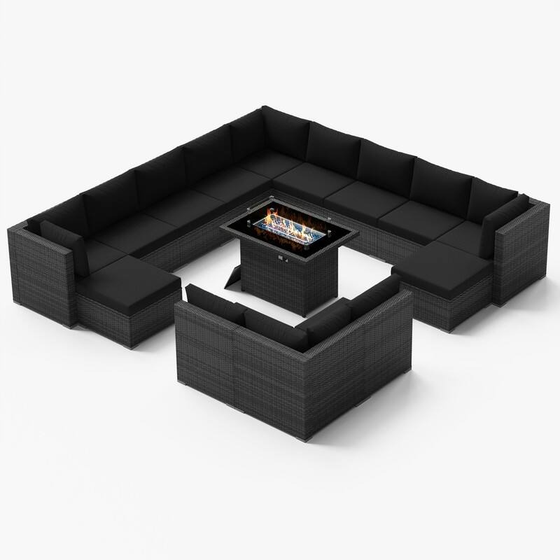 FINCATI Outdoor Grey Wicker Sectional Furniture Patio Sofa Set with Firepit Table