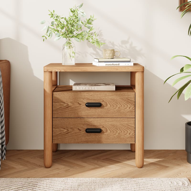Christopher Knight Home - Modern Minimalist 23.62" Nightstand with Rounded Wood Legs & Open Storage Shelf, Multi-Functional Use - Natural Finish - 2-drawer