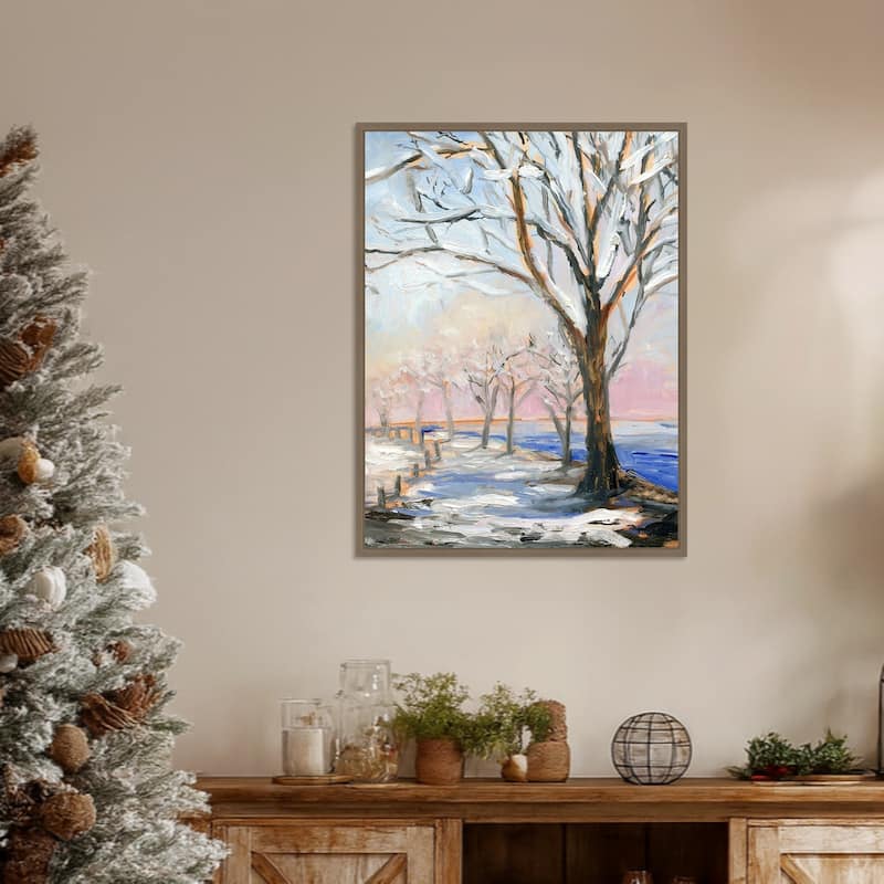 Lakeside in Winter by Sandra Iafrate Framed Canvas Wall Art Print - Sylvie Dark Gold