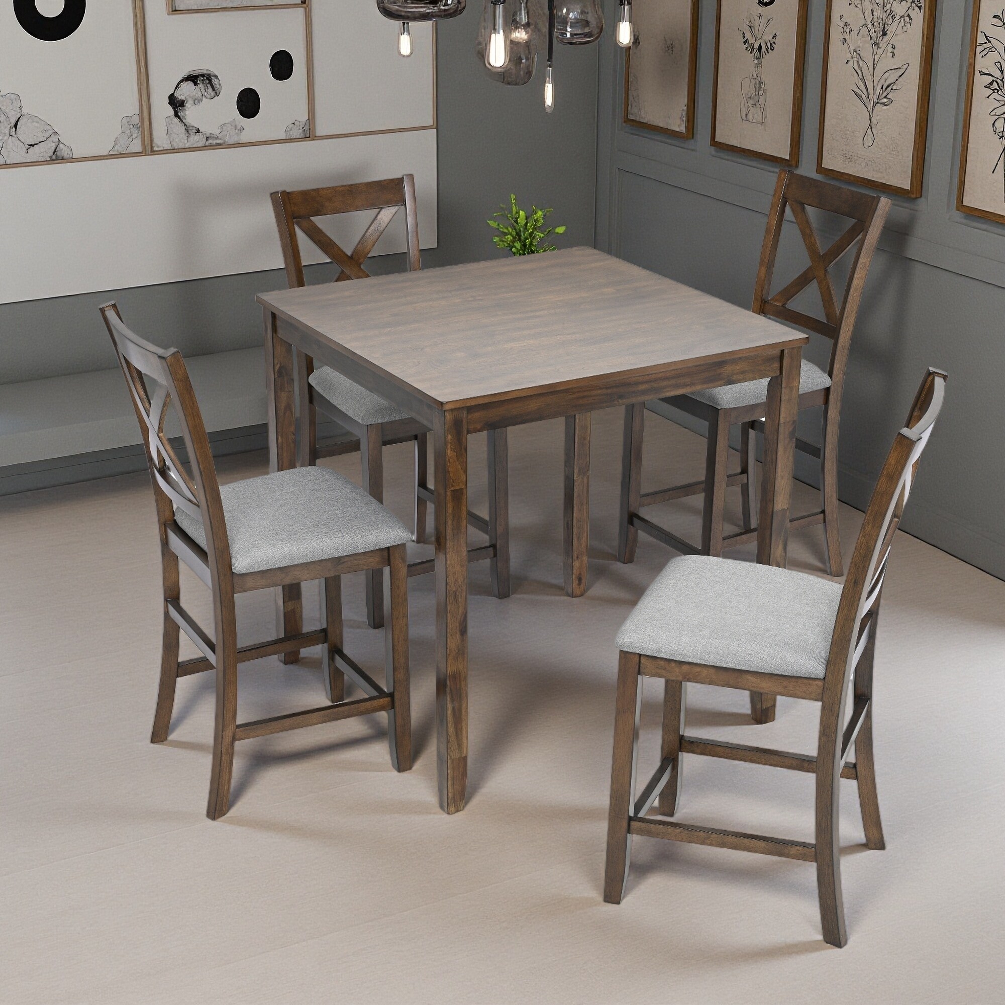 4-Person Size Wood & Cushion Space-Saving, Sturdy 5 Piece Dining Set with Counter Height Square Table & 4 Upholstered Chairs