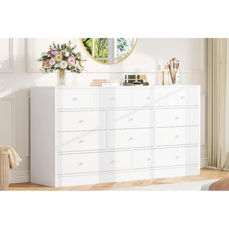 Dresser for Bedroom,12 Drawer Dressers & Chests of Drawers, Wood Storage Drawer Dresser with Power Outlet - White