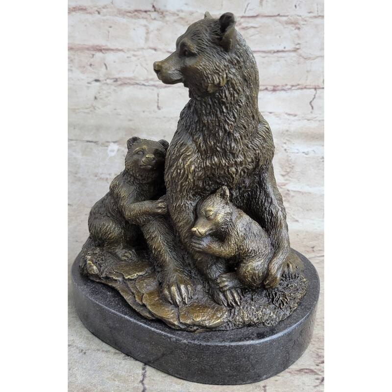 Signed Original Grizzly Bear With Her Two Cubs Bronze Sculpture Statue Figurine