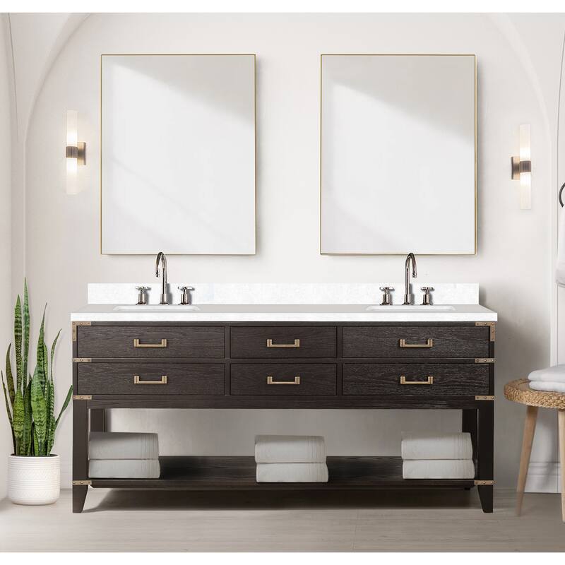 Norwalk 60 in W x 22 in D Black Oak Double Bath Vanity, White Quartz Top, and 28 in Mirrors